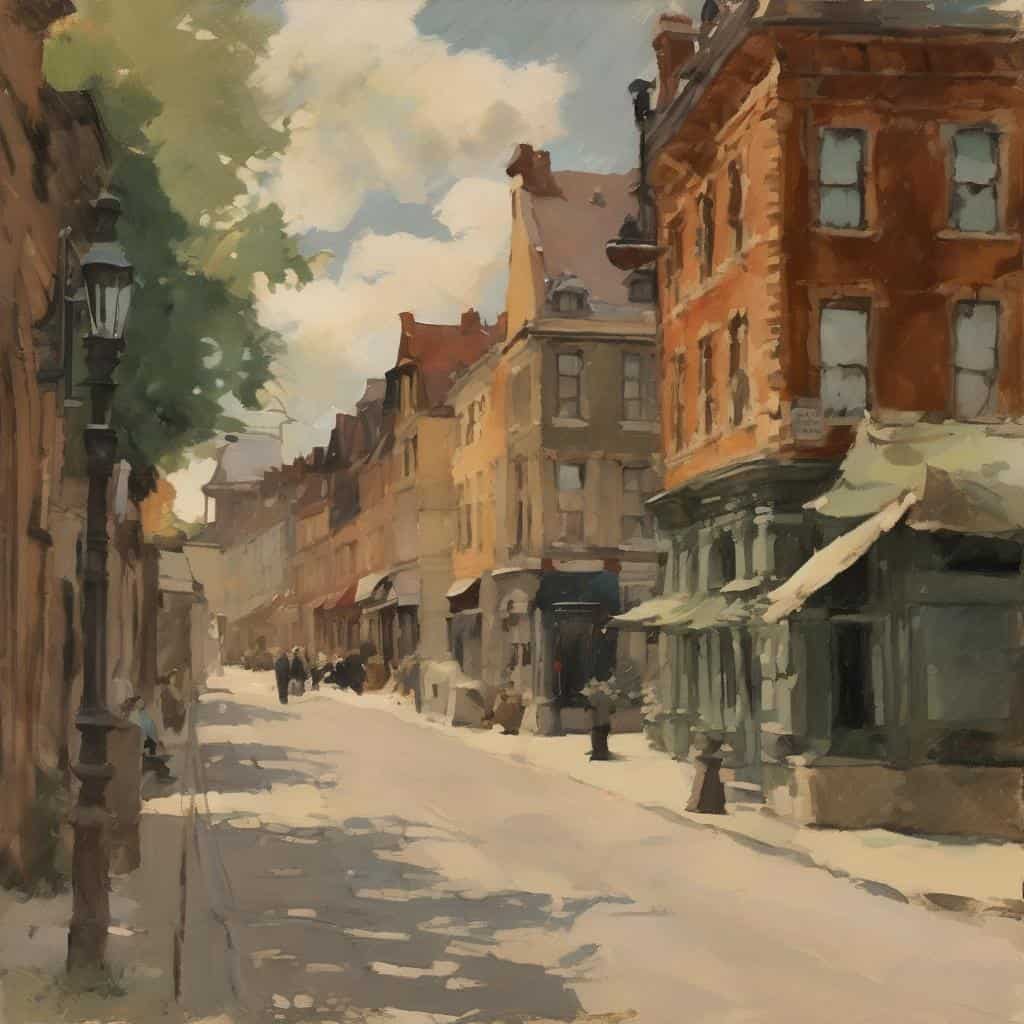 Λεπτομέρειες μιας παλιάς ευρωπαϊκής οδού με παραδοσιακά κτίρια και βροχερό καιρό, καλλιτεχνικό στυλ ζωγραφικής.