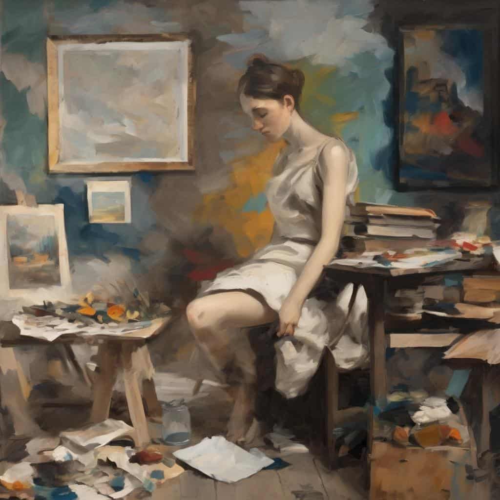 Συναισθηματική νεανική γυναίκα σε δημιουργικό εργαστήριο, τέχνη και ελευθερία, σύγχρονη αφαίρεση και καλλιτεχνική έκφραση.