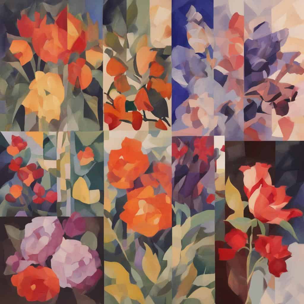 Αφηρημένος πίνακας με πολύχρωμα λουλούδια και φύλλα.