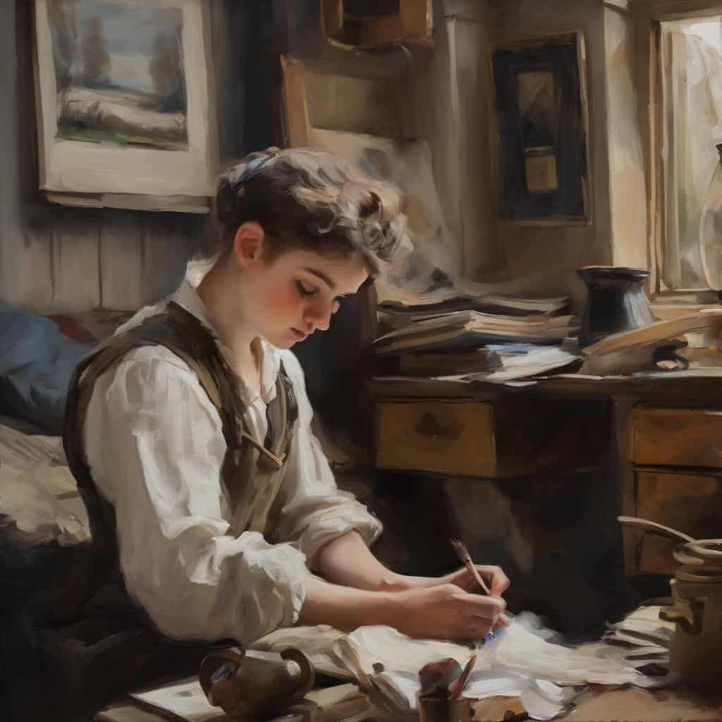 Χαλαρό κορίτσι διαβάζει και γράφει σε γραφείο σε χώρο με πίνακες και βιβλία, εκφράζοντας ελευθερία μέσω τέχνης και μάθησης.